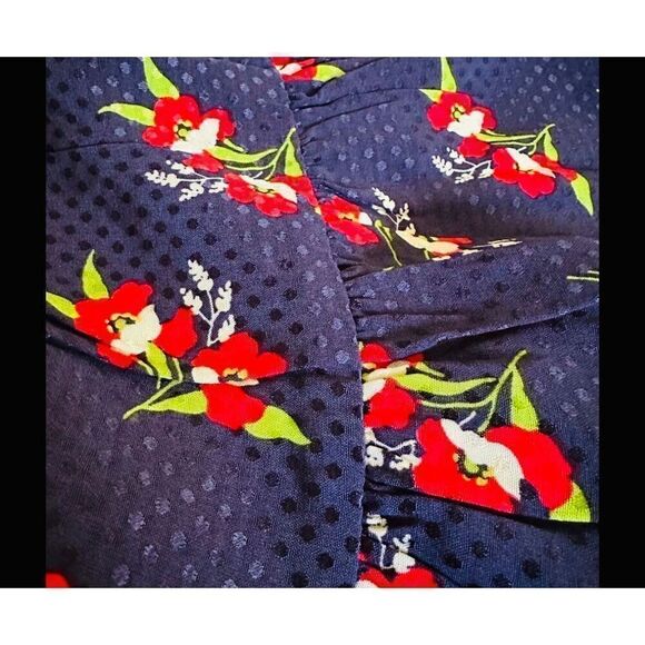 JILL STUART Navy Back Cut Out Floral Cap Sleeve Scoop Neck Short Fit dress sz S - Picture 6 of 6